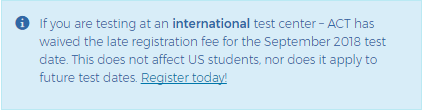 2018年9月ACT考试国际考区免迟报名费