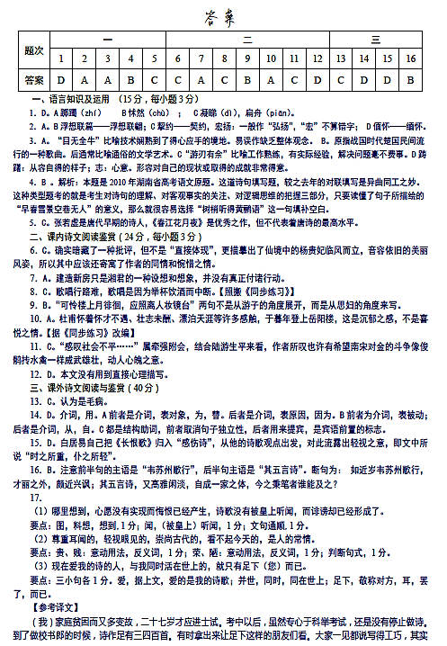 2016年雅礼中学高二上语文调考试题：中国古代诗歌散文欣赏