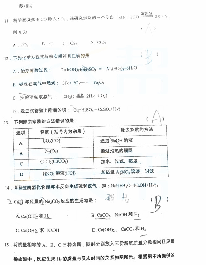 明德中学新高一分班考试化学真题