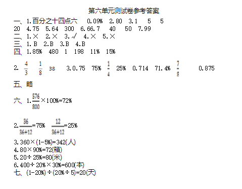 人教版小学六年级上册数学第六单元测试题