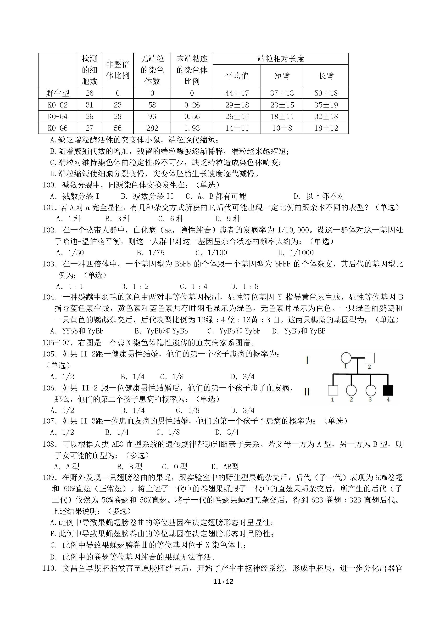 2018年全国中学生生物学联赛试题及答案