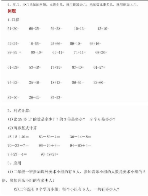 部编版二年级数学上册重要知识点：100以内的笔算加法和减法