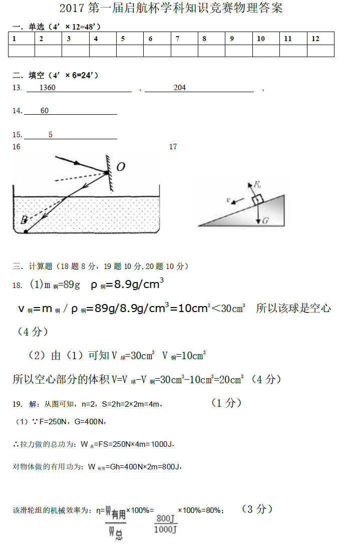 长沙长郡中学第一届启航杯预赛物理试卷答案