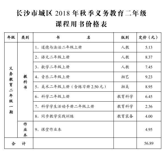 2018长沙城区义务教育二年级课程用书价格表