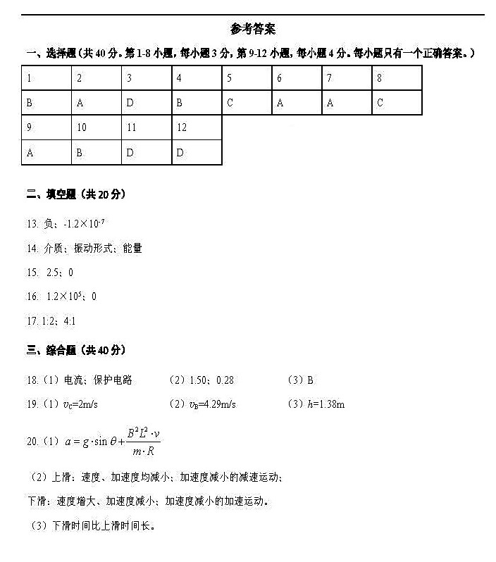 2017年上海市学业水平等级性考试物理试卷
