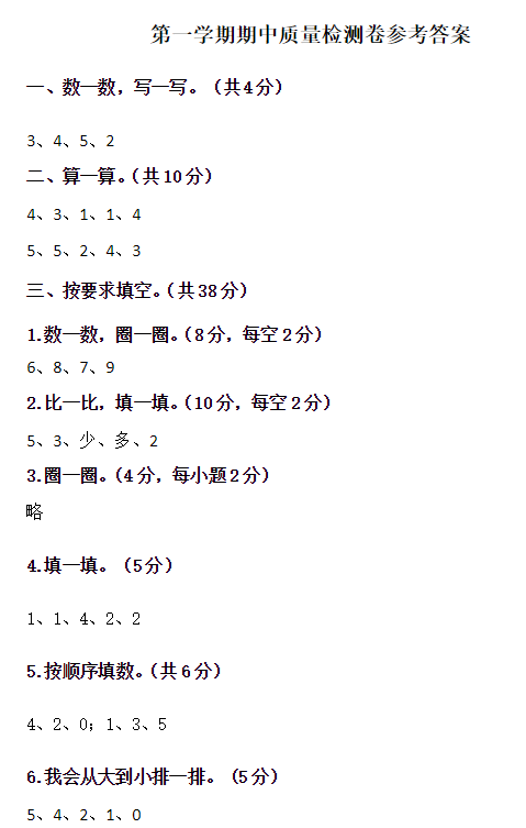 2018长沙一年级数学上册期中测试题（一）