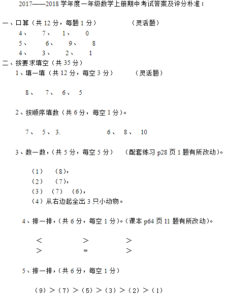 2018长沙一年级数学上册期中测试题（二）