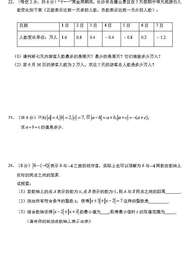 长沙广益实验中学初一第一次月考数学试卷（二）