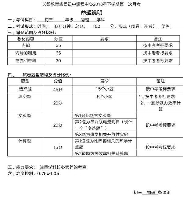 长郡集团初三第一次月考物理命题说明