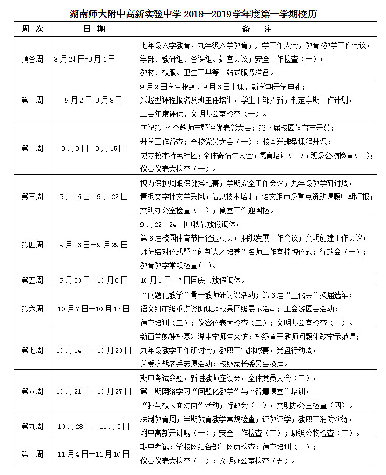 湖南师大附中高新实验中学2018—2019学年度第一学期校历