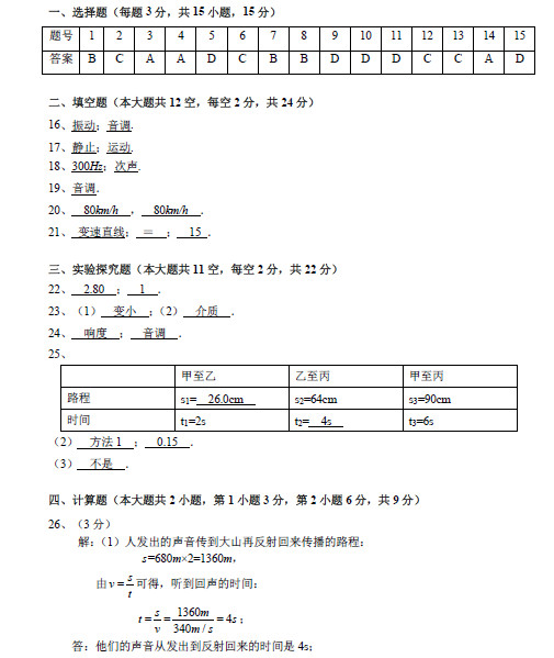 长沙雅礼实验中学初二第一次月考物理试卷答案