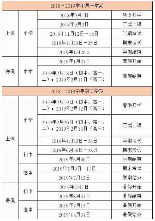 2018-2019福州初高中校历公布(含寒假进暑假