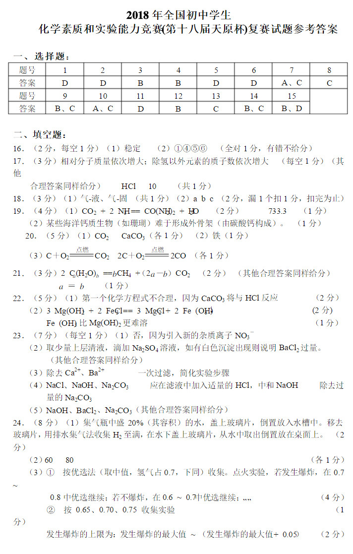 2018上海天原杯化学竞赛复赛试题及答案（图片版）