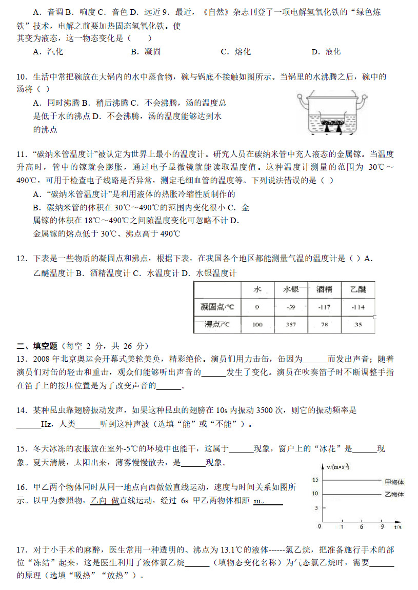 2015—2016年广益实验中学初二期中考试物理试卷