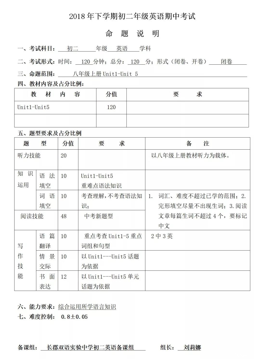 长郡双语实验中学初二期中考试考试命题说明