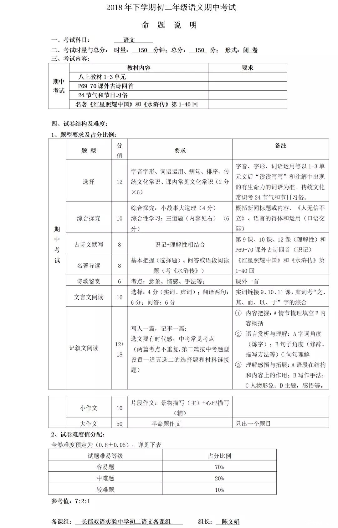 长郡双语实验中学初二期中考试考试命题说明