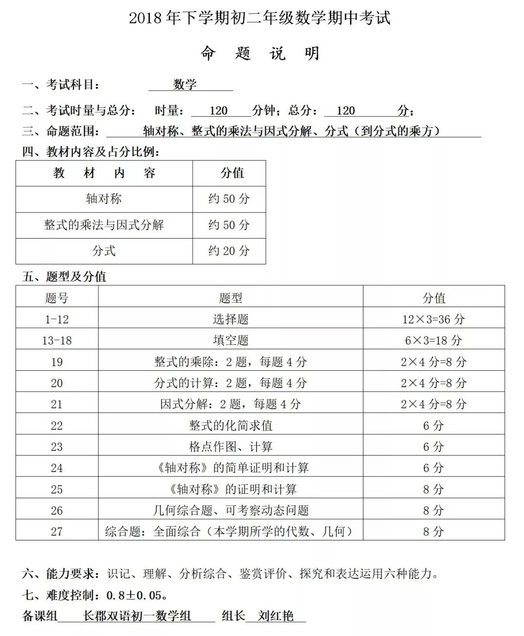 长郡双语实验中学初二期中考试考试命题说明