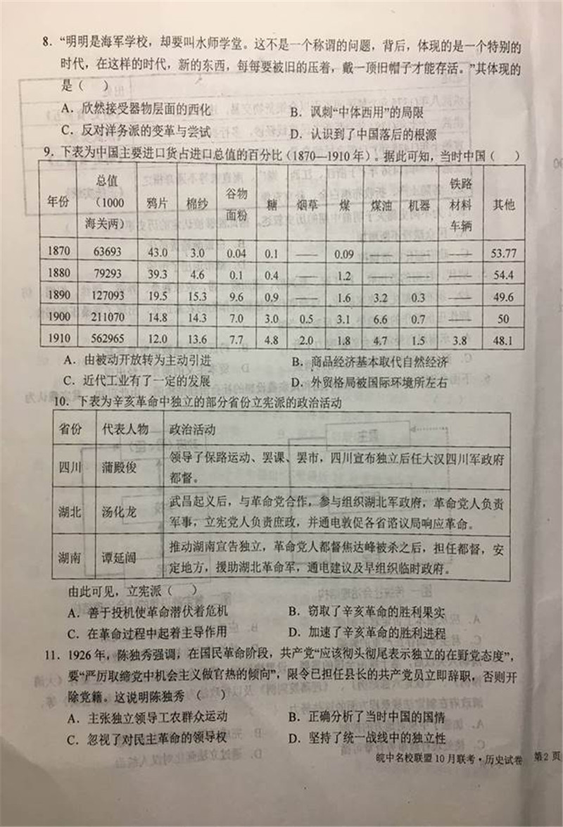 2019届安徽皖中名校联盟高三10月联考历史试