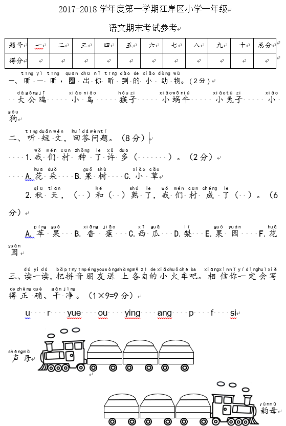 2019长沙一年级部编版语文上册期末测试题及答案（一） 