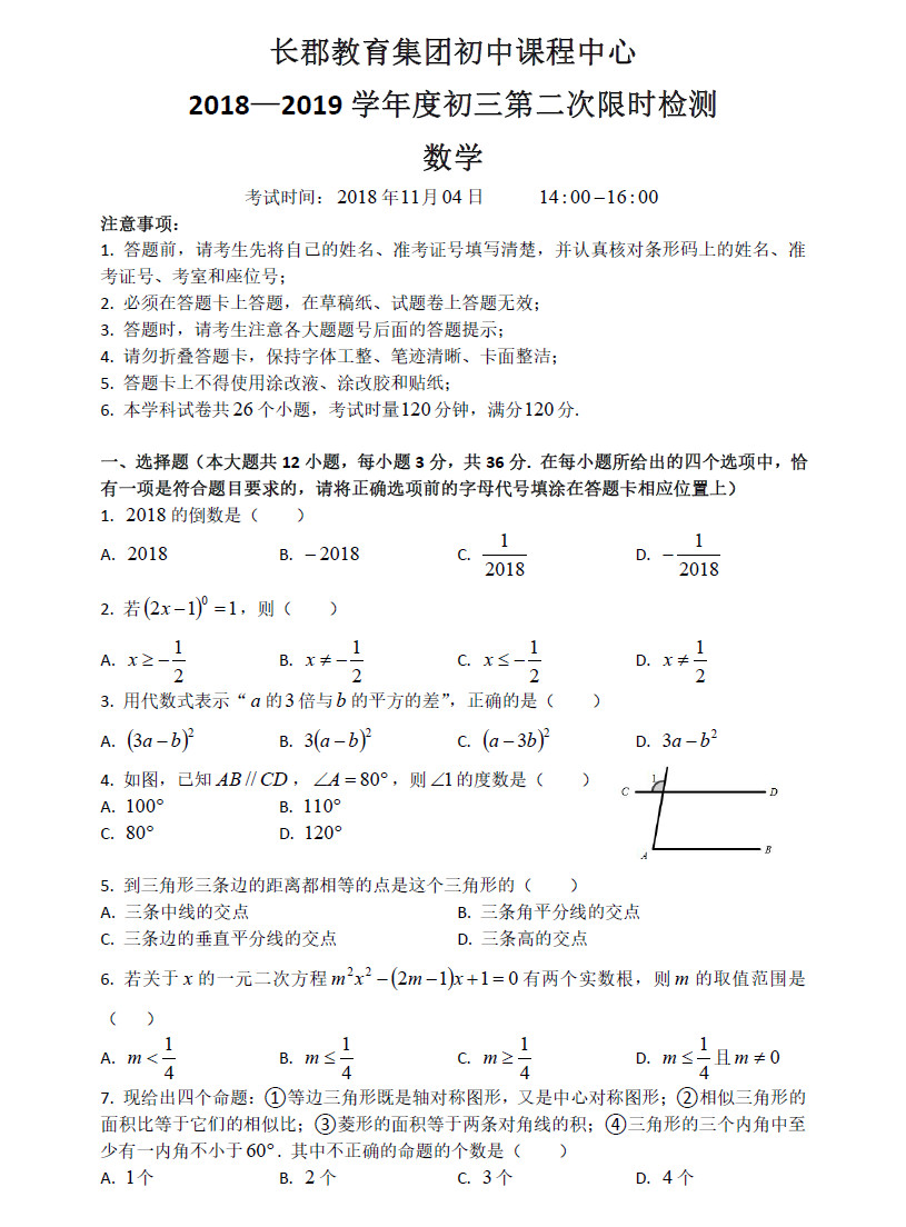 2018-2019长郡集团初三期中考试数学试卷