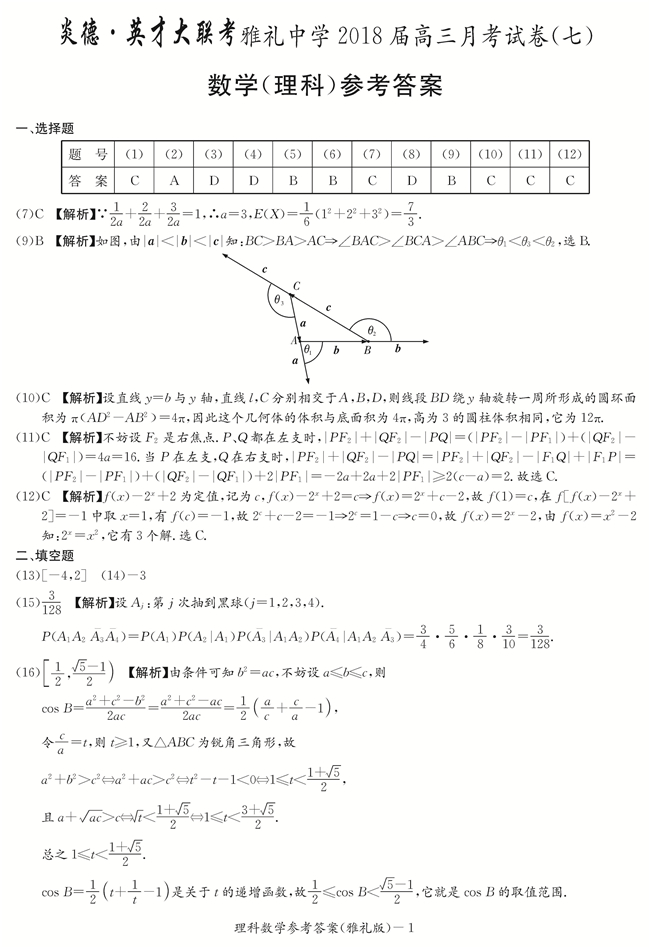 雅礼中学高三第7次理科数学月考试题及答案