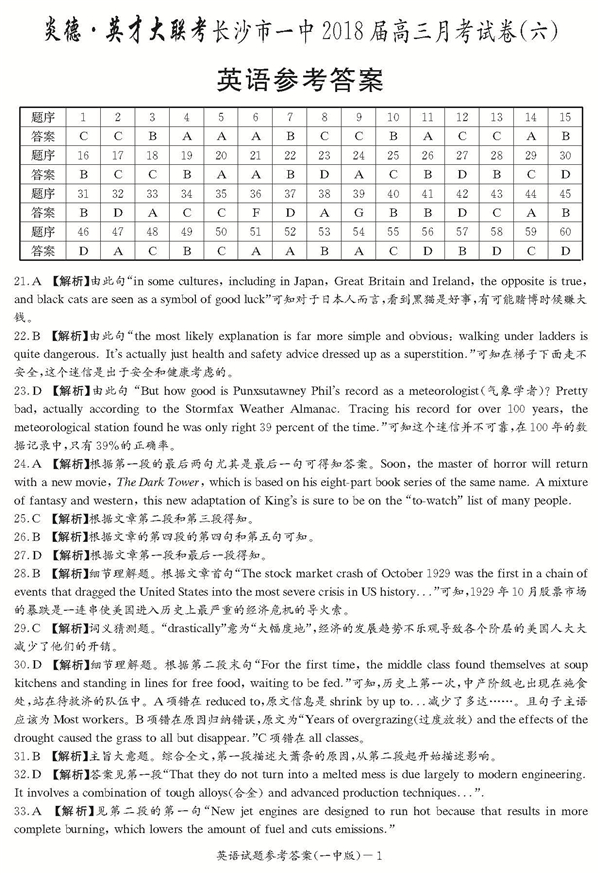 长沙市一中高三英语月考试卷六及答案