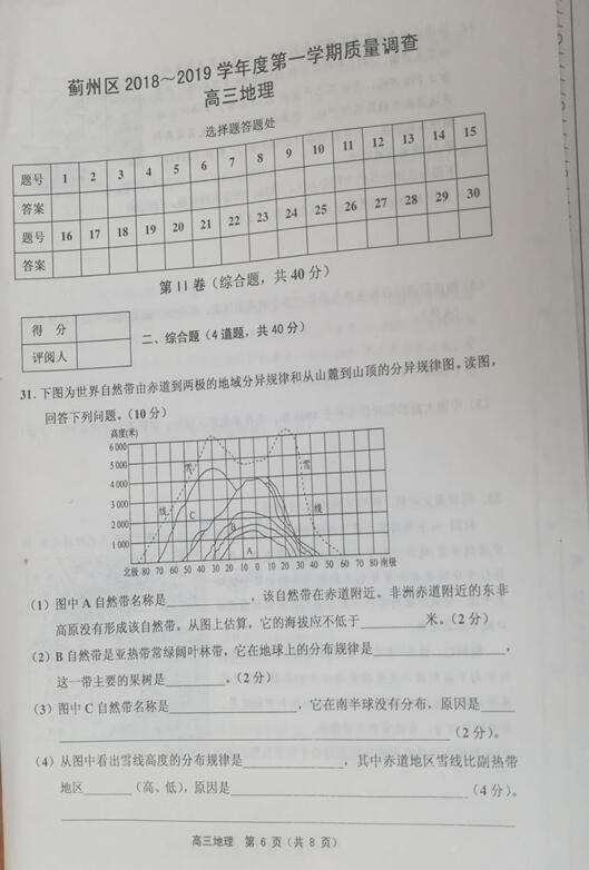 2019天津市蓟州区高三期中地理试题及答案