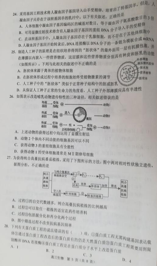 2019天津市蓟州区高三期中生物试题及答案