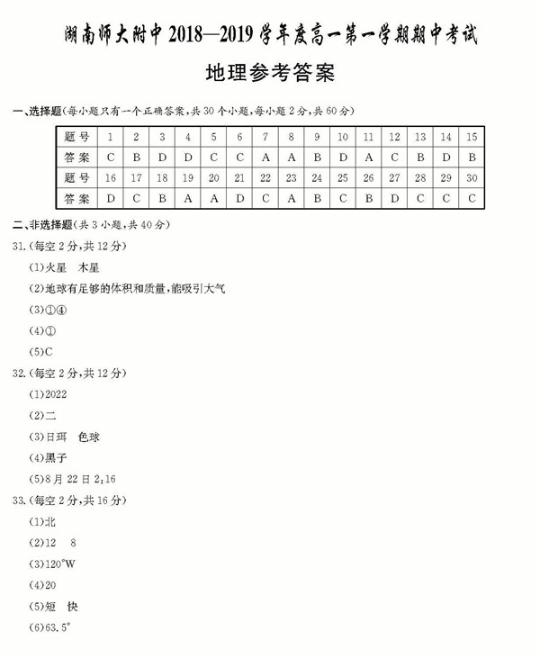 2018年湖南师大附中高一上地理期中考试