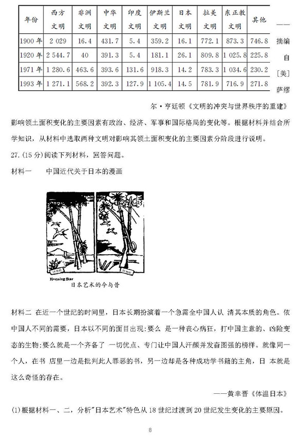 2018年长郡中学高三上历史第三次月考试题