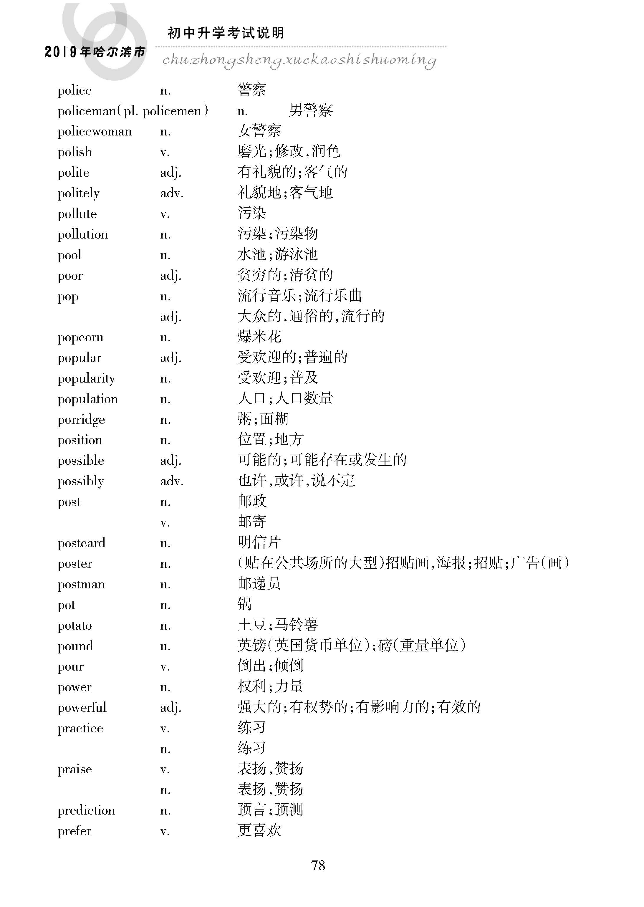 2019黑龙江哈尔滨中考英语考试说明：附录 词汇表2064个