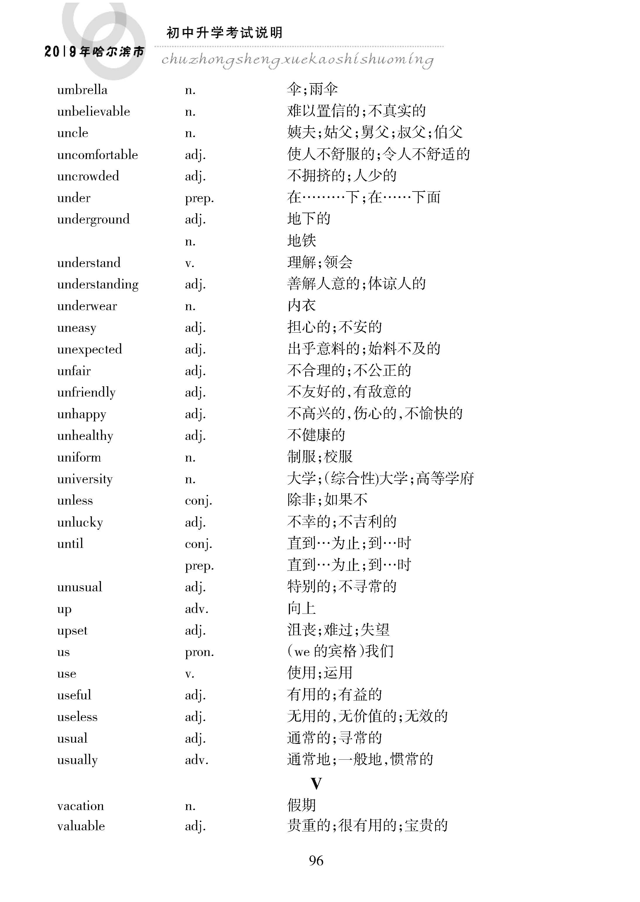 2019黑龙江哈尔滨中考英语考试说明：附录 词汇表2064个