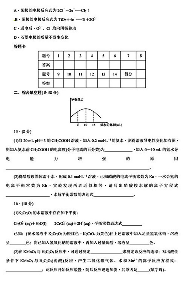 2018年湖南师大附中高二上化学（理）期中试卷