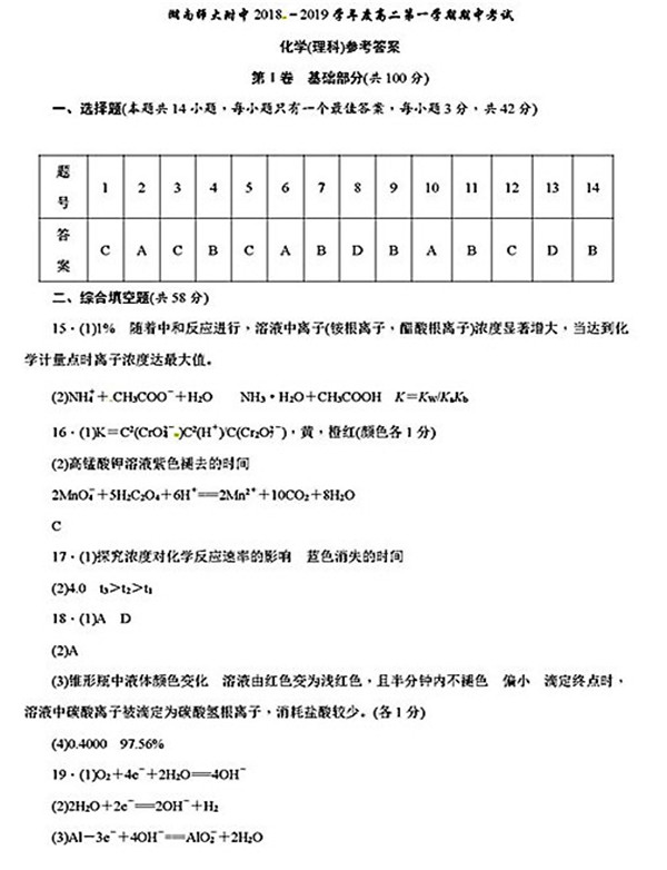 2018年湖南师大附中高二上化学（理）期中试卷