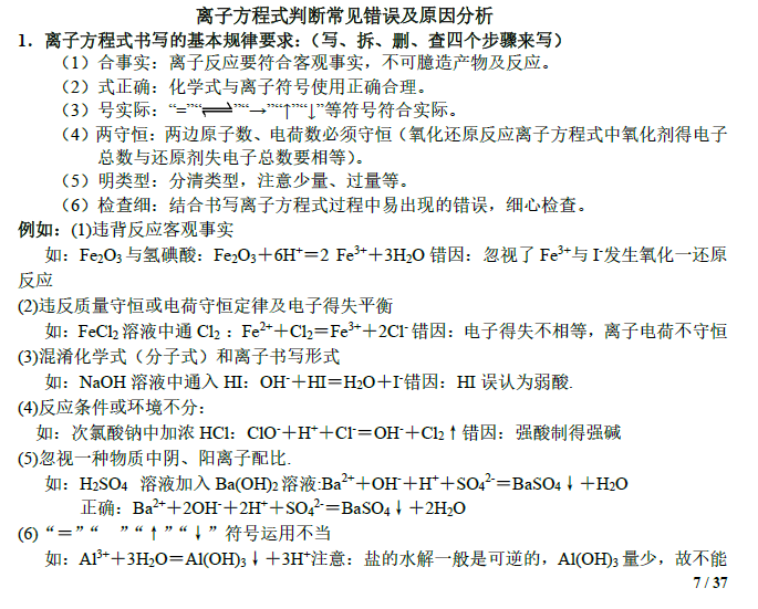 2019年高考化学复习：离子方程式的正误判断