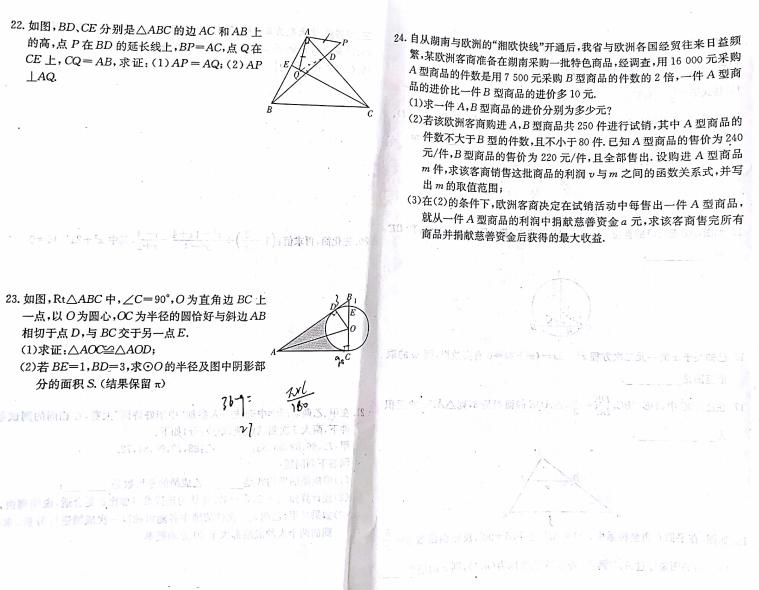 2018-2019长郡集团初三第三次月考数学试卷