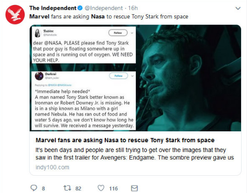 《复联4》首支预告 网友：NASA都比漫威更关心钢铁侠！