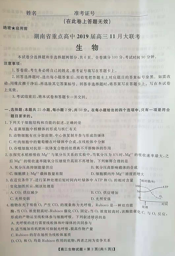 湖南省重点高中2019高三11月联考生物试题