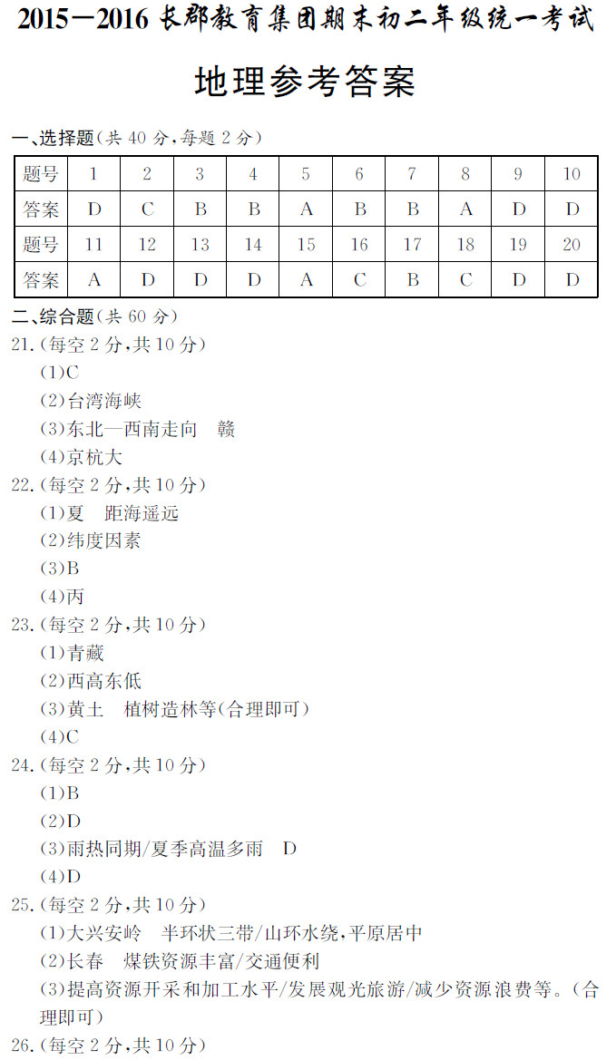 2015-2016年长郡教育集团初二期末考试地理试卷答案