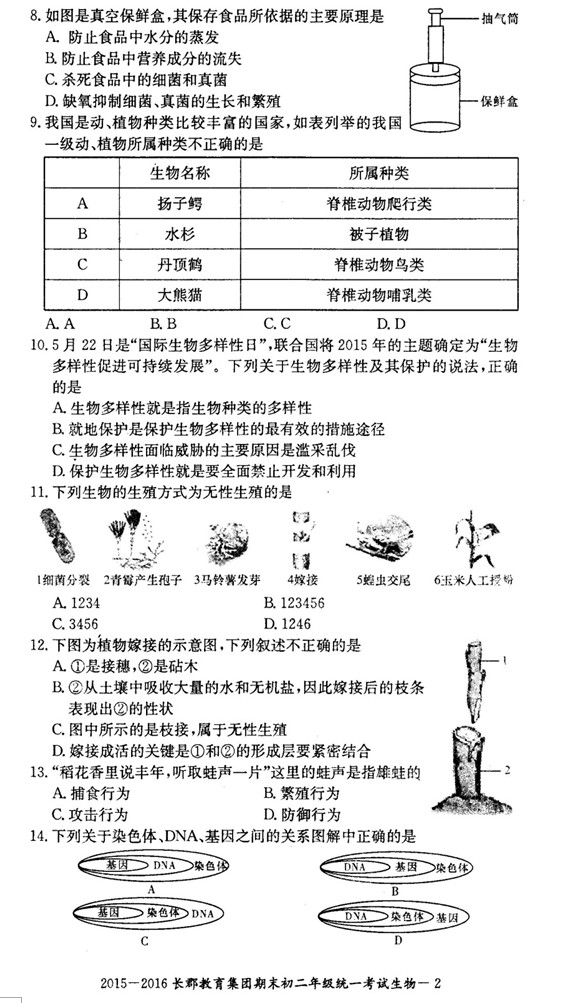 2015-2016年长郡教育集团初二期末考试生物试卷（一）