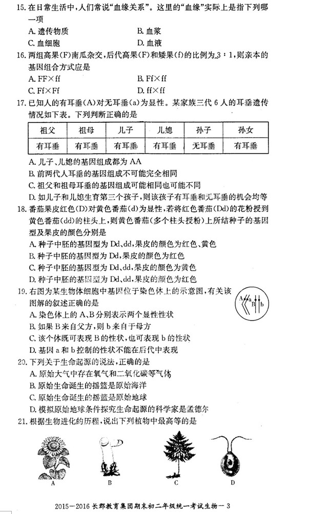 2015-2016年长郡教育集团初二期末考试生物试卷（一）