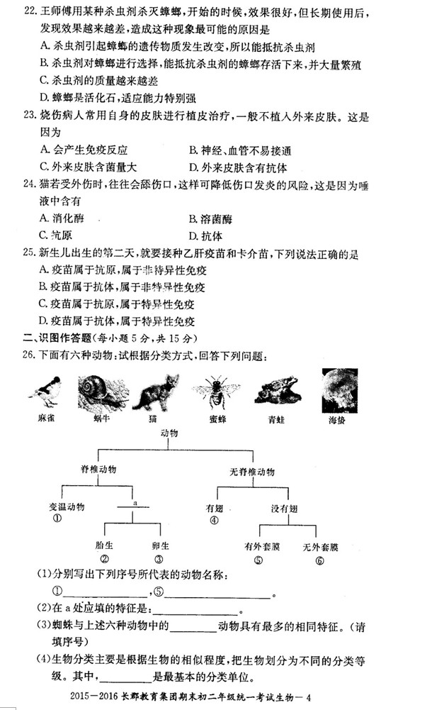 2015-2016年长郡教育集团初二期末考试生物试卷（二）