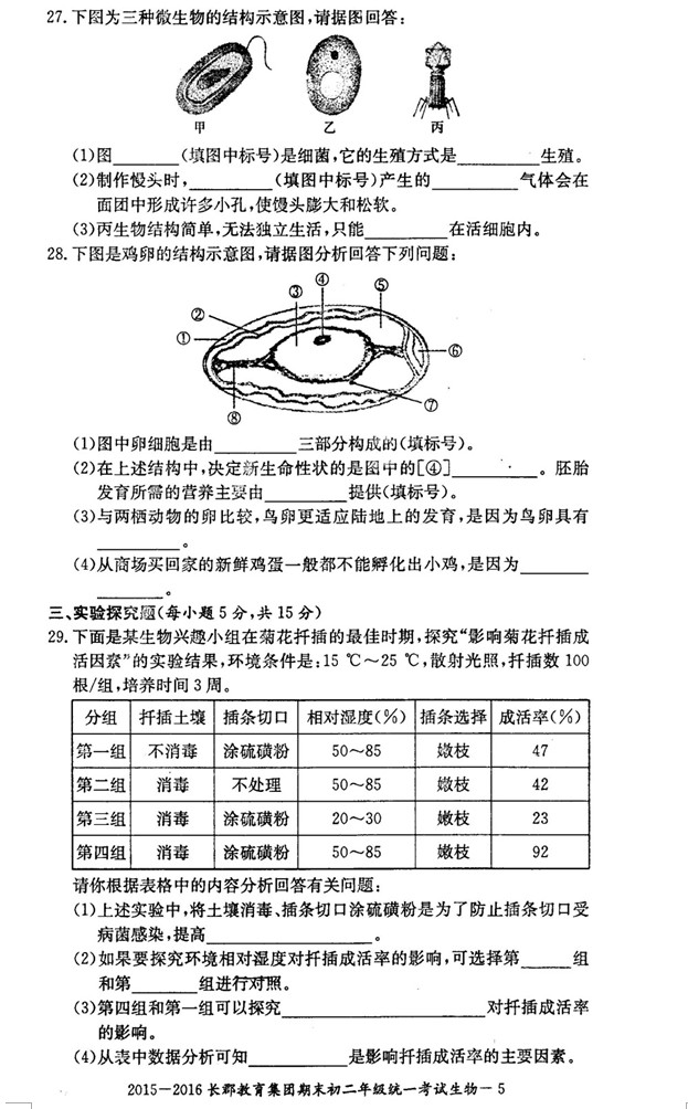 2015-2016年长郡教育集团初二期末考试生物试卷（二）