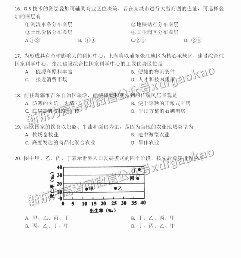 2019届上海徐汇高三一模地理试卷及答案