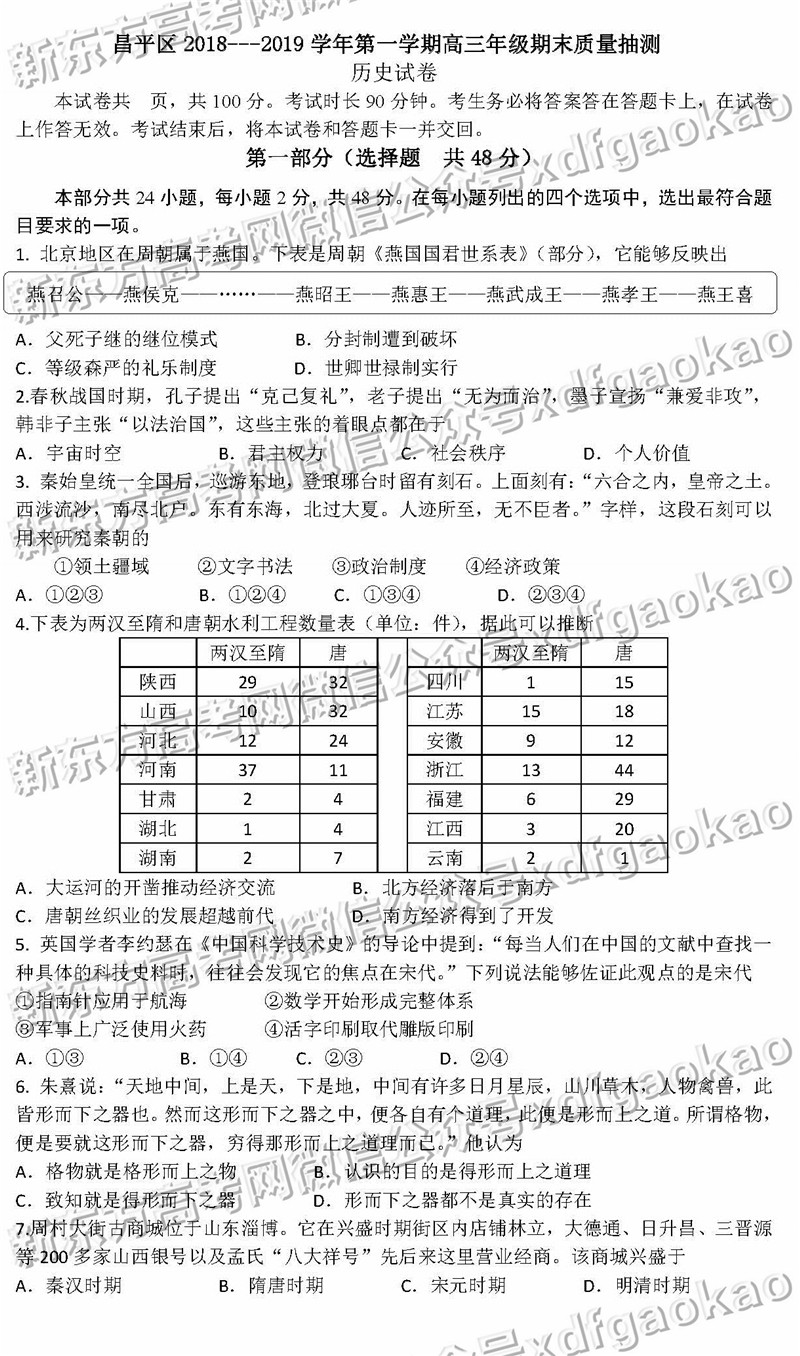 2019北京昌平区高三期末历史试题及答案(图片