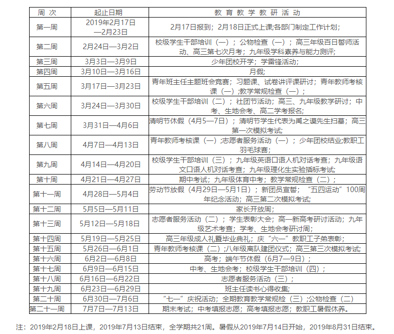 湖南广益实验中学2018—2019学年度第二学期校历