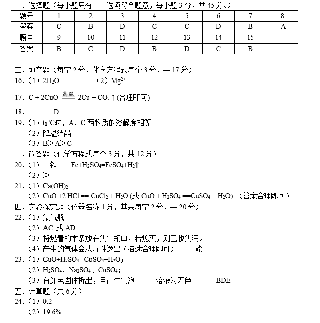 2017-2018麓山国际初三寒假测试化学试卷答案