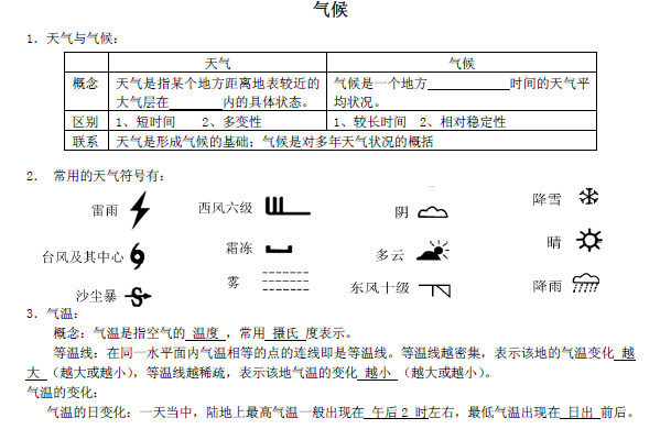 2019长沙生地会考地理知识点复习提纲：气候