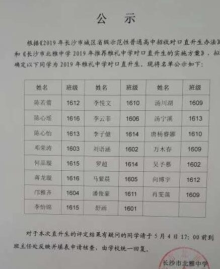 2019年长沙市直升生名单：北雅中学