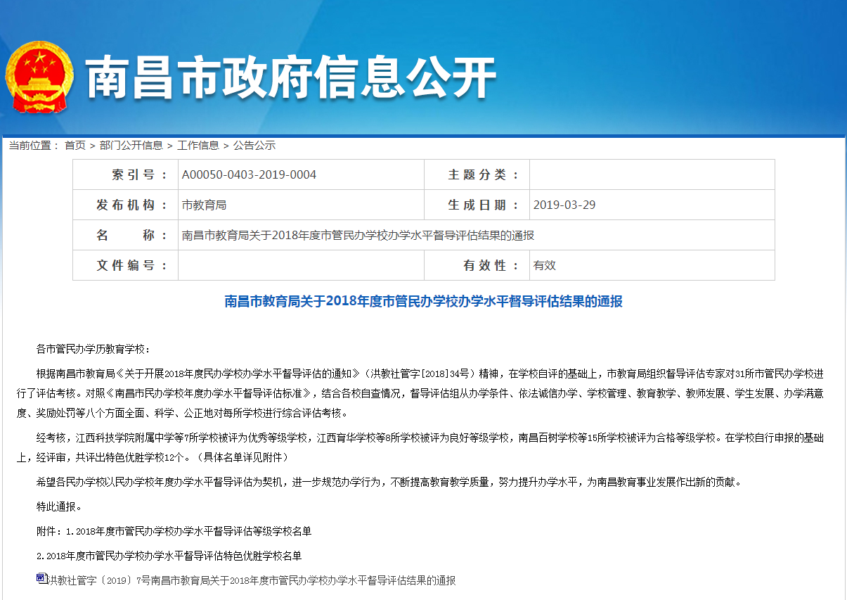 民办学校办学水平督导评估等级学校名单